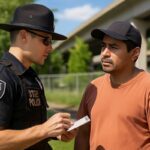 Persona latina siendo interrogada por policía estatal