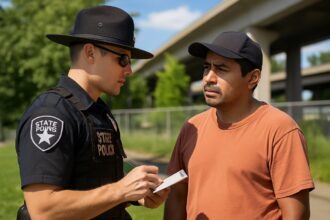 Persona latina siendo interrogada por policía estatal