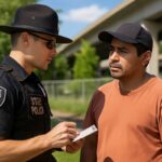 Persona latina siendo interrogada por policía estatal