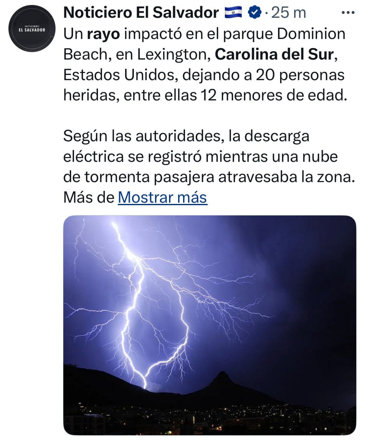 rayo, heridos, Carolina del Sur
