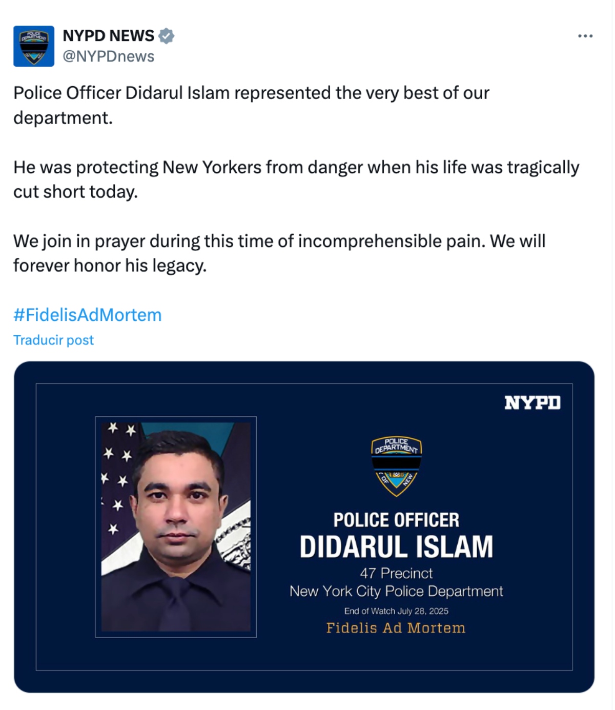 Didarul Islam, oficial de policía, Departamento de Policía de New York, NYPD, QuéOnnda