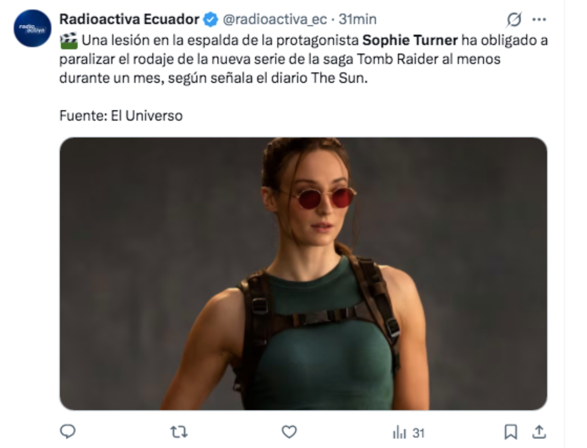 Sophie Turner se lastima y pausan Tomb Rider