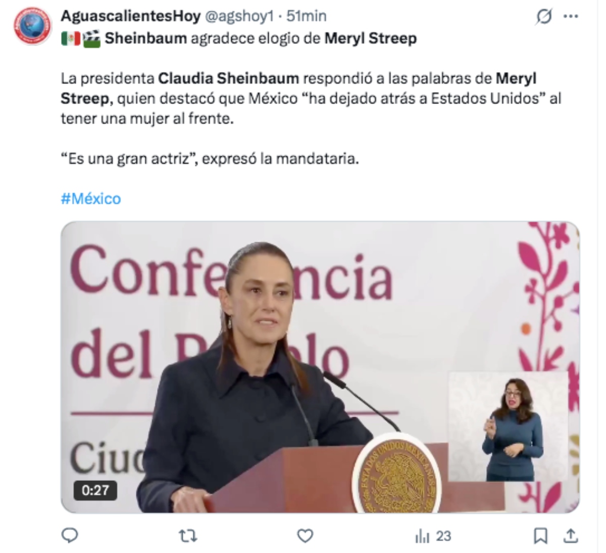 Claudia Sheinbaum thanked Meryl Streep