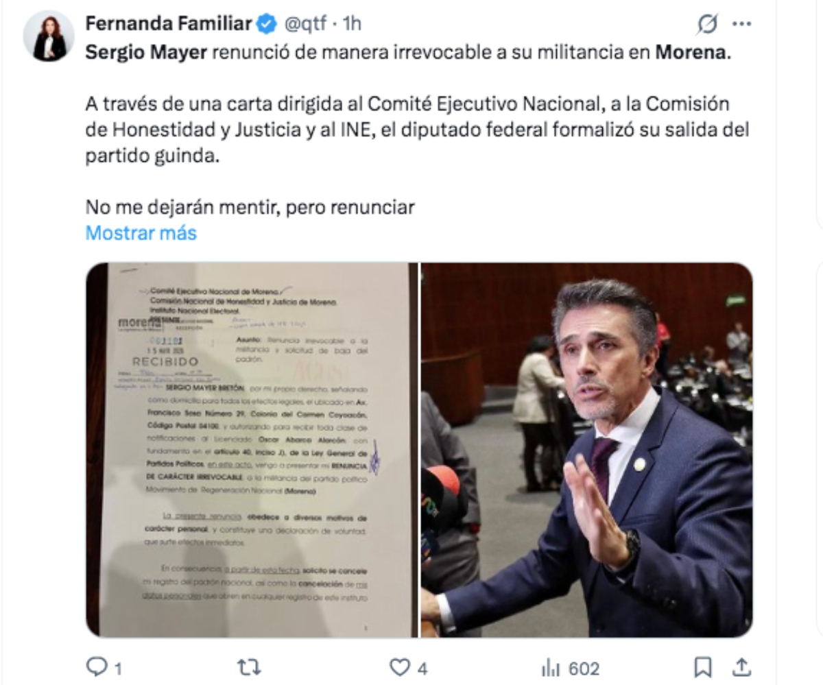 Sergio Mayer resigns as a member of the Morena party