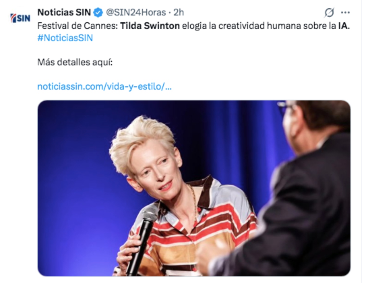 La actriz Tilda Swinton se pronuncia en contra de la Inteligencia Artificial