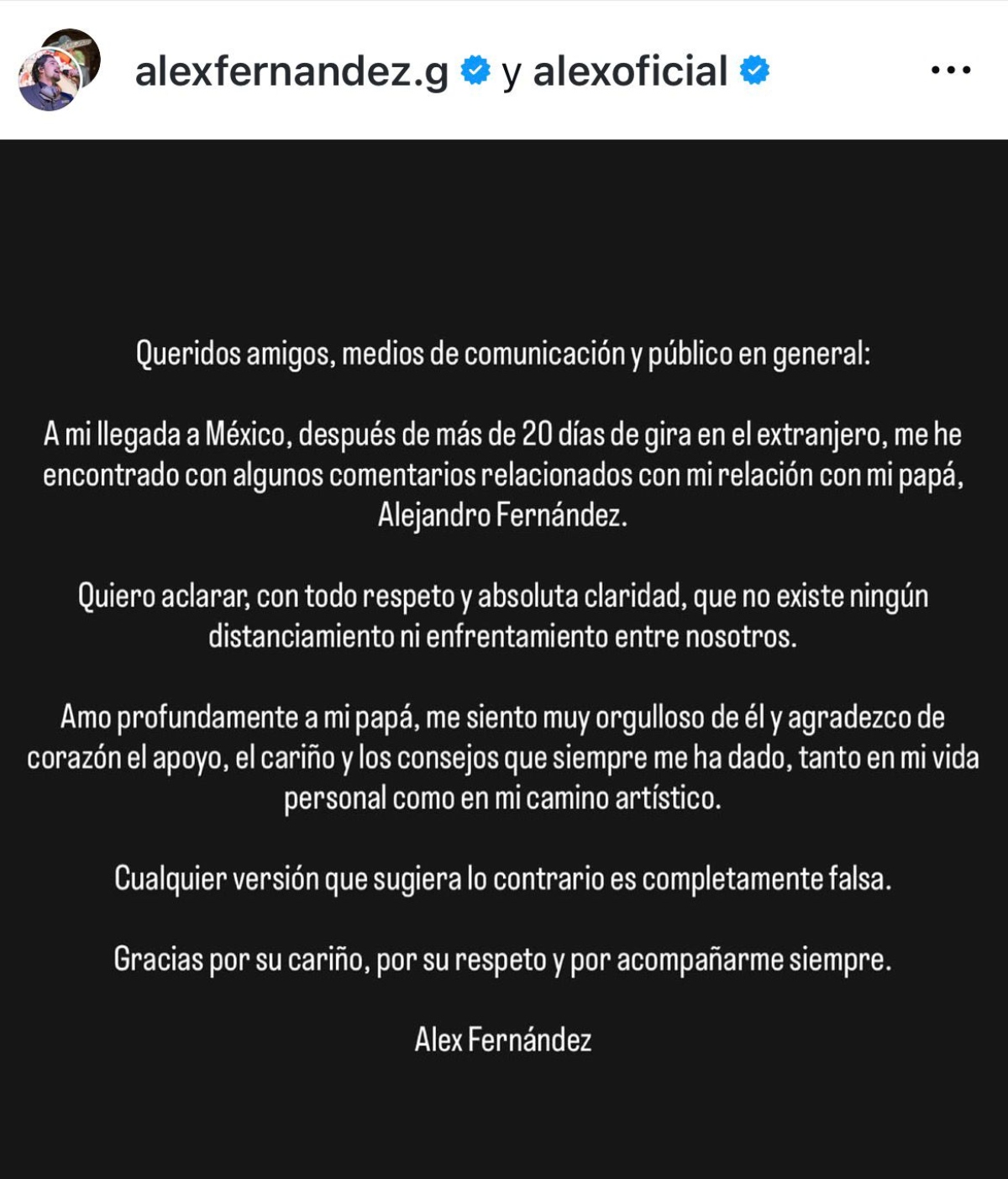 Alex Fernández lanza comunicado sobre su relación con su padre Alejandro Fernández