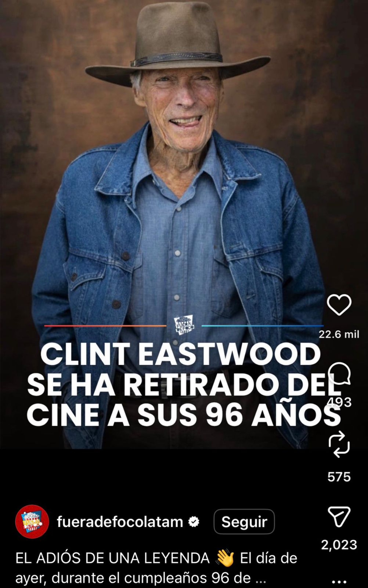 Confirman el retiro del actor y director de cine Clint Eastwood