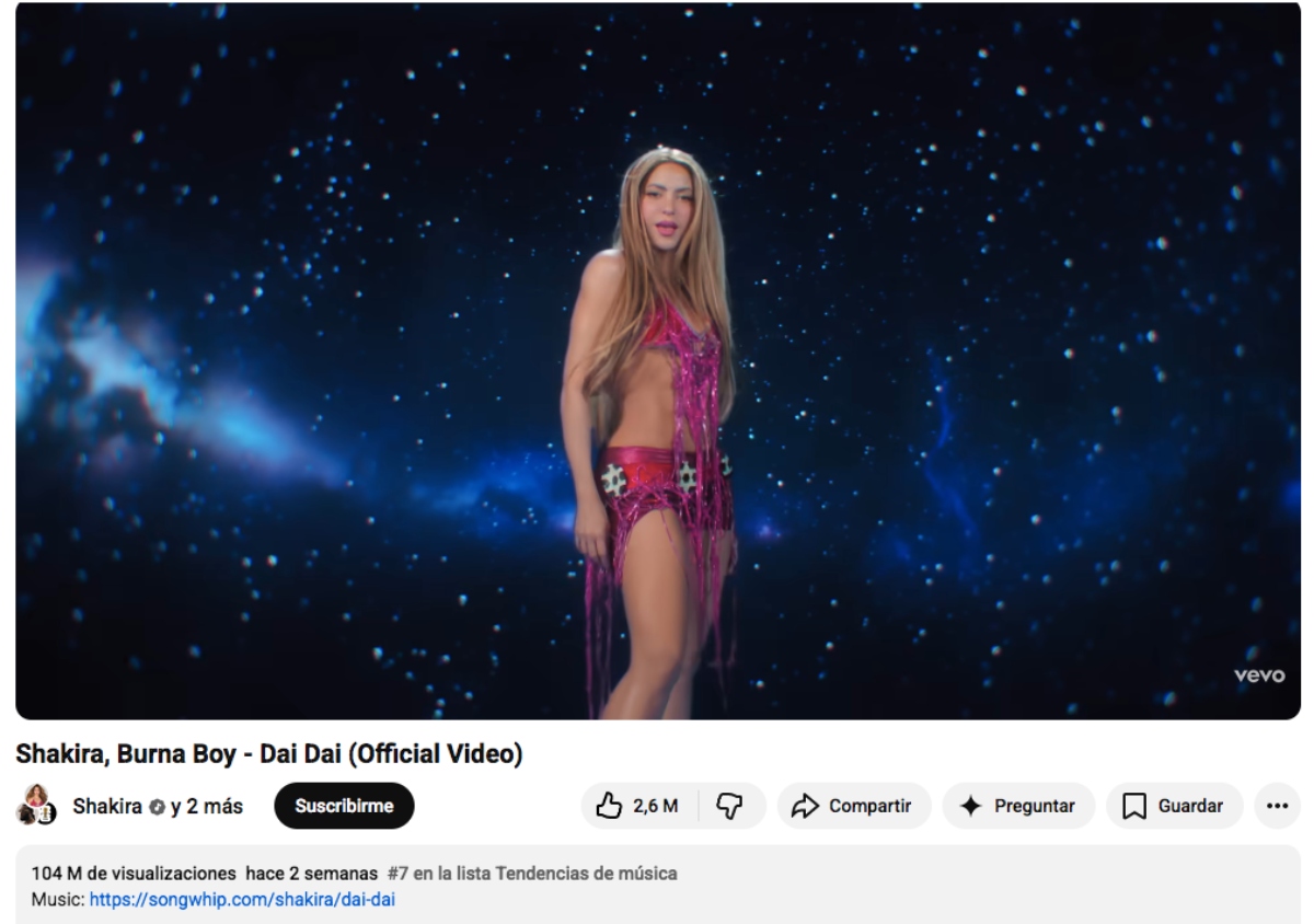 Shakira logra 100 millones de reproducciones de su video 'Dai Dai'