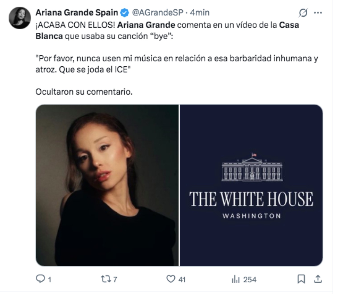 Ariana Grande pide a la Casa Blanca que no utilice sus canciones