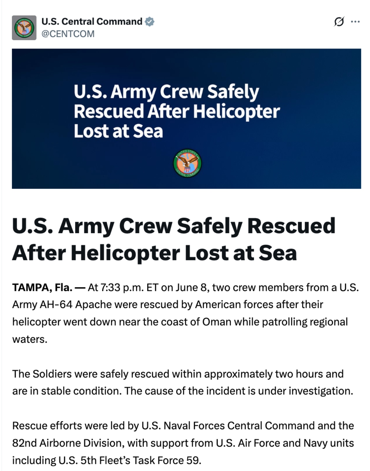 U.S. Army, U.S. Central Command, press release, QuéOnnda