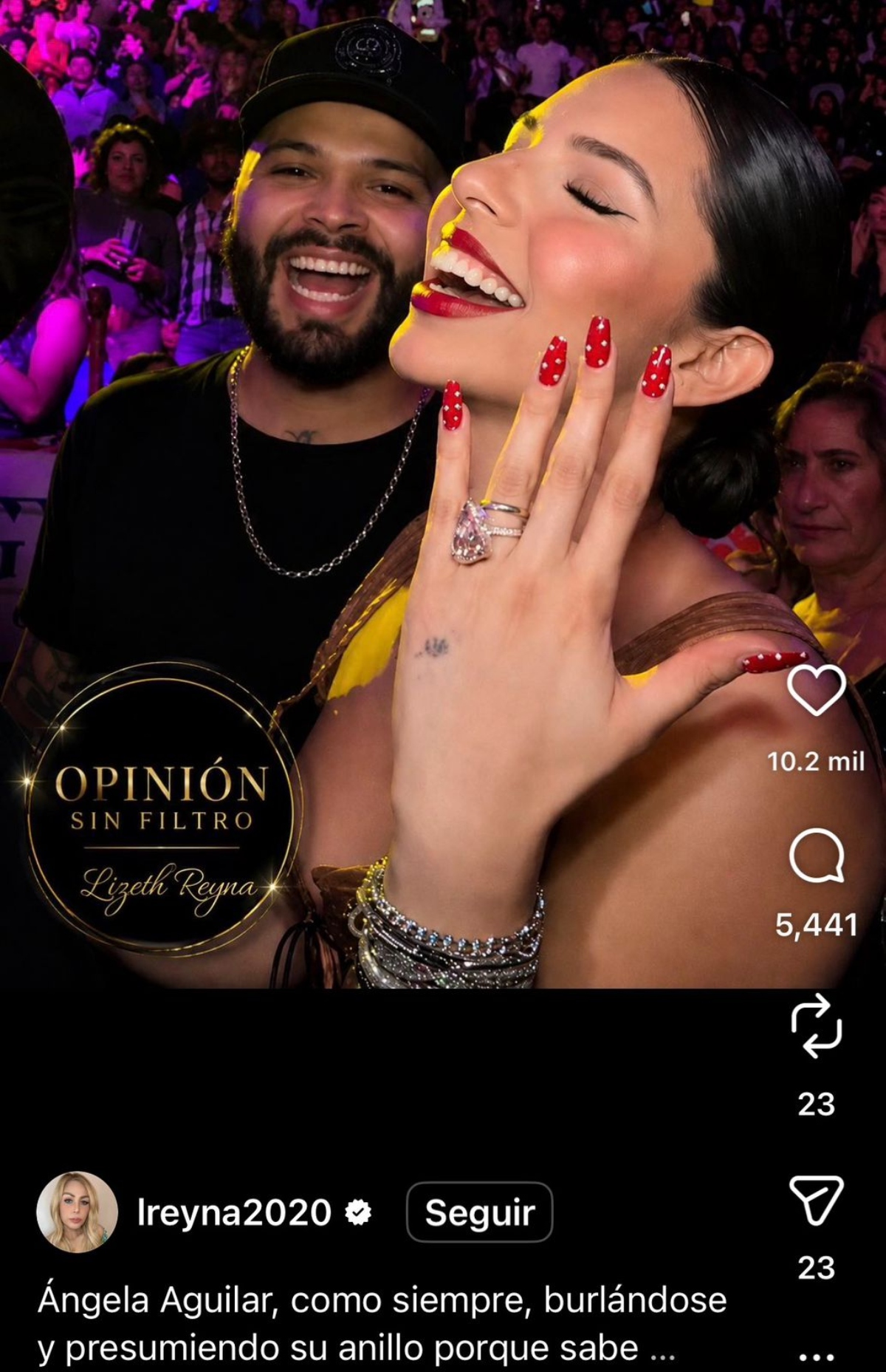Ángela Aguilar shows off her engagement ring on Christian Nodal's show